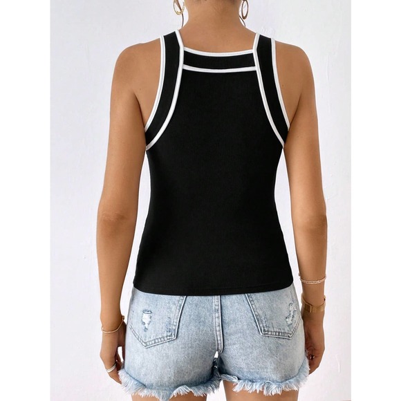 y2k minimalist high neck Contrast Binding Tank Top cream - Picture 4 of 11